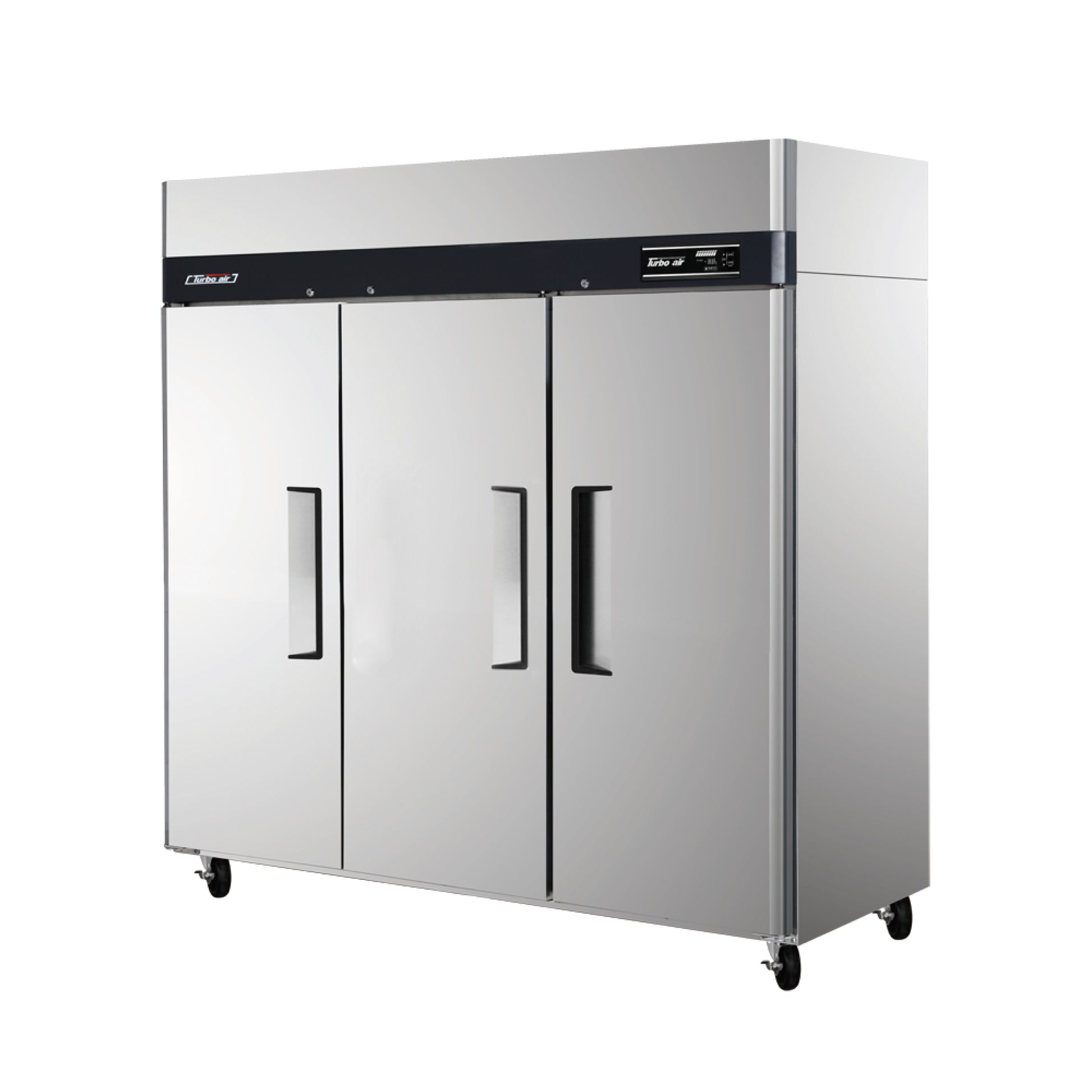 Commercial refrigerator with double doors on a white background