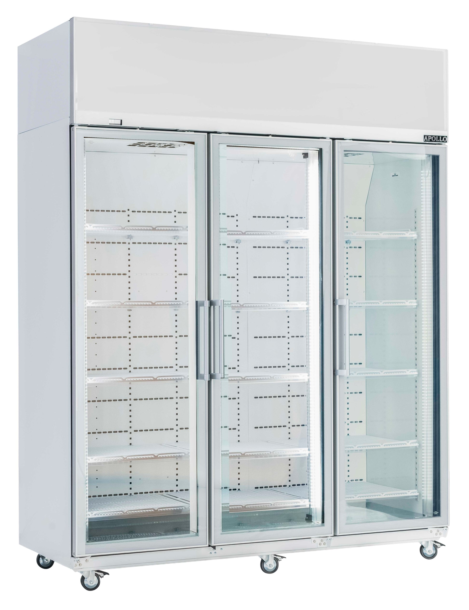 Triple-door glass refrigerator on a white background