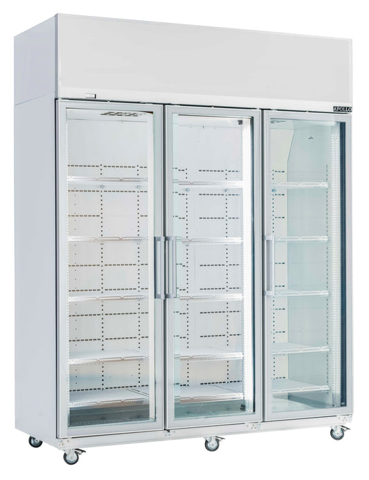 Triple-door glass refrigerator on a white background