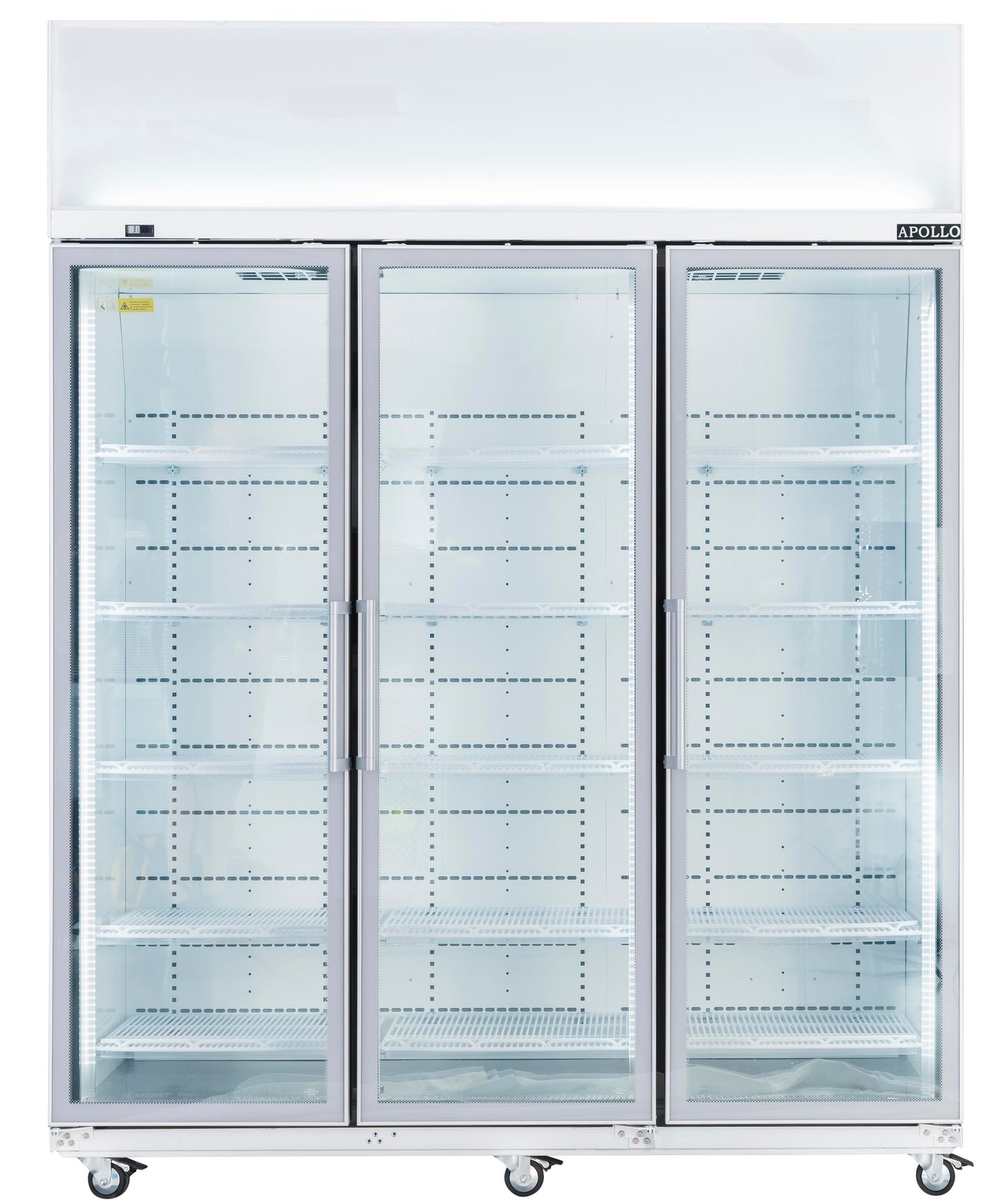 Triple-door commercial refrigerator with glass doors on a white background