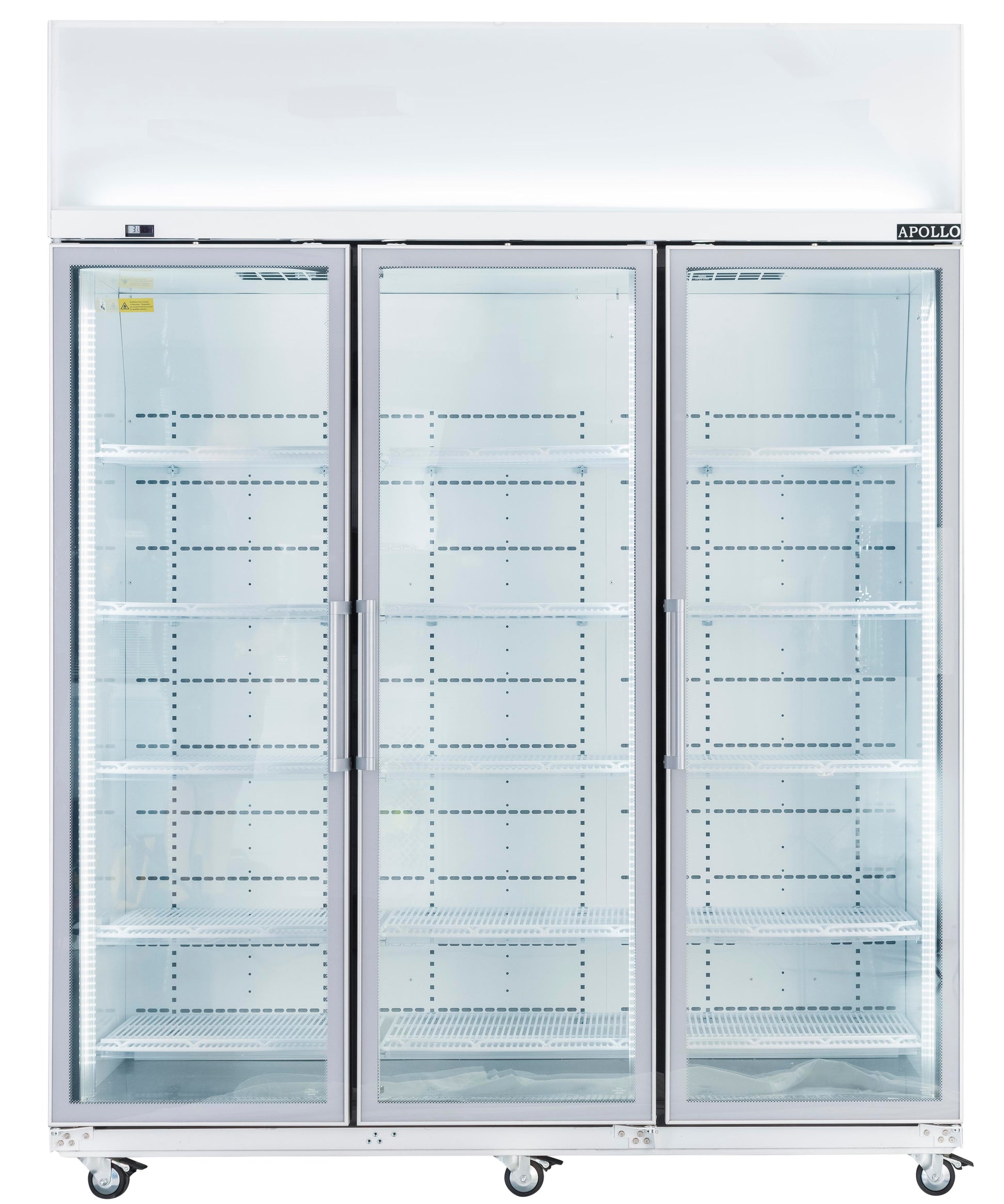 Triple-door commercial refrigerator with glass doors on a white background