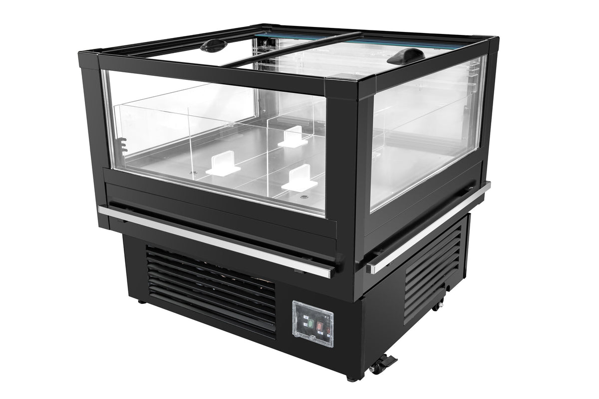 Horizon DKH-1010Y Dual Temp Glass Island Case 1000mm - angled view with sliding lids