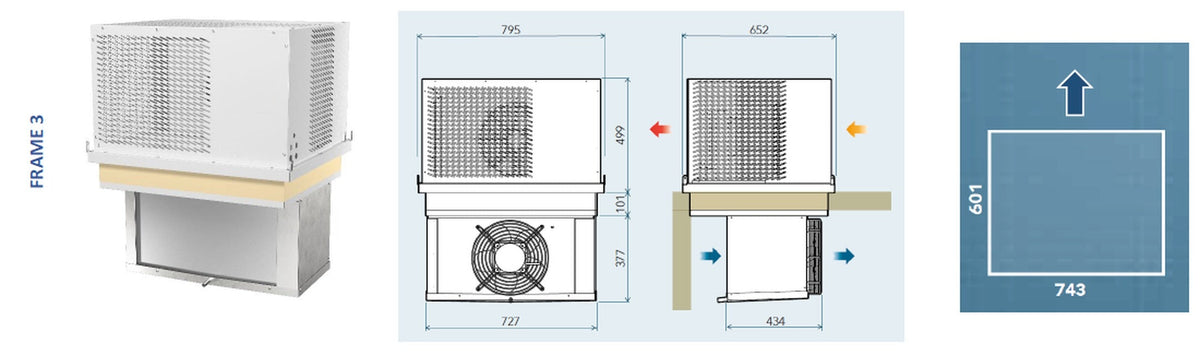 Drop-in monoblock frame 3 dimensions and ceiling cut-out
