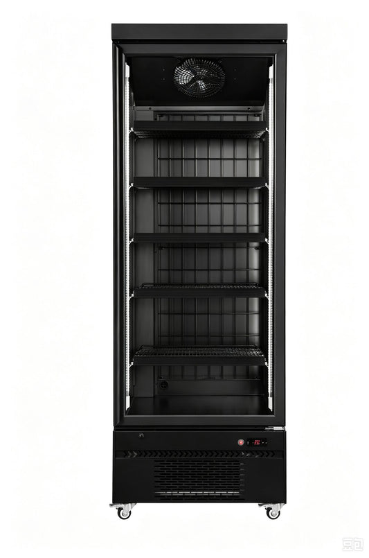 Sansheng SSD458 single glass door bottom mount freezer - angled view